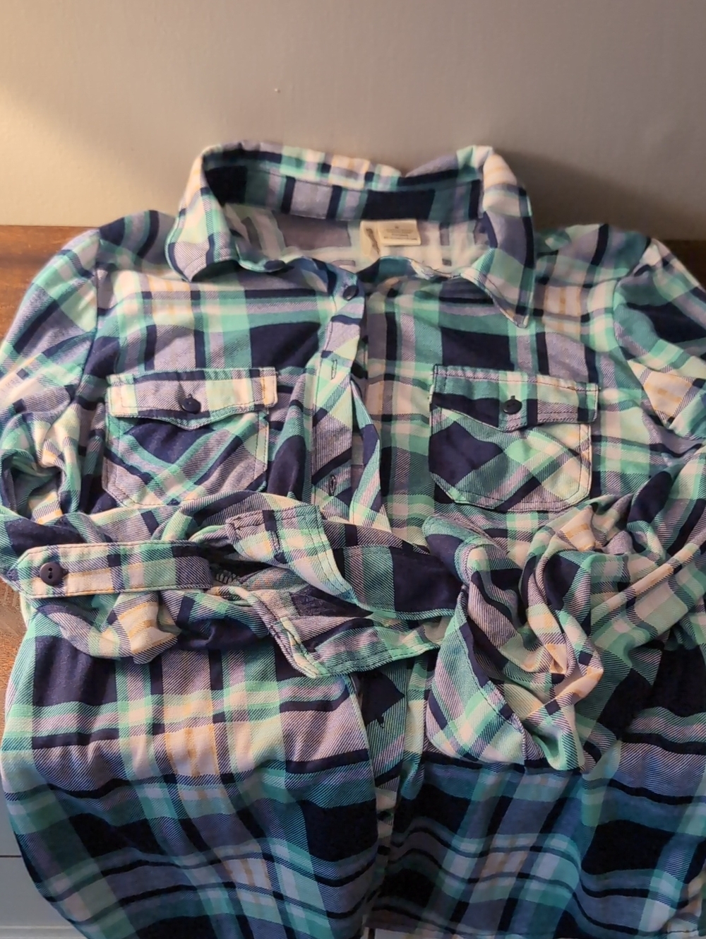 Womens Plaid Button-Up Shirt in Teal & Navy